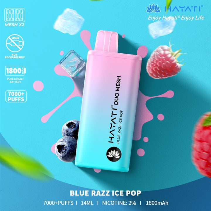Hayati Duo Mesh 7000 Disposable Vape Puff Bar Pod Box of 10 - Blue Razz Ice Pop -Vapeuksupplier
