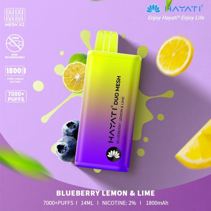Hayati Duo Mesh 7000 Disposable Vape Puff Bar Pod Box of 10 - Blueberry Lemon & Lime -Vapeuksupplier