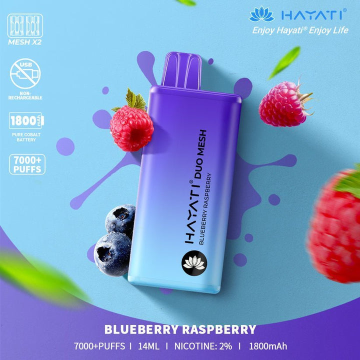 Hayati Duo Mesh 7000 Disposable Vape Puff Bar Pod Box of 10 - Blueberry Raspberry -Vapeuksupplier