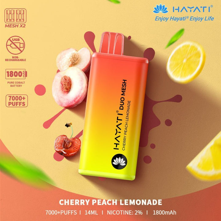 Hayati Duo Mesh 7000 Disposable Vape Puff Bar Pod Box of 10 - Cherry Peach Lemonade -Vapeuksupplier