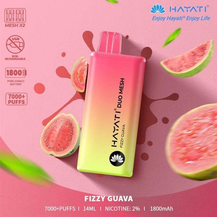 Hayati Duo Mesh 7000 Disposable Vape Puff Bar Pod Box of 10 - Fizzy Guava -Vapeuksupplier