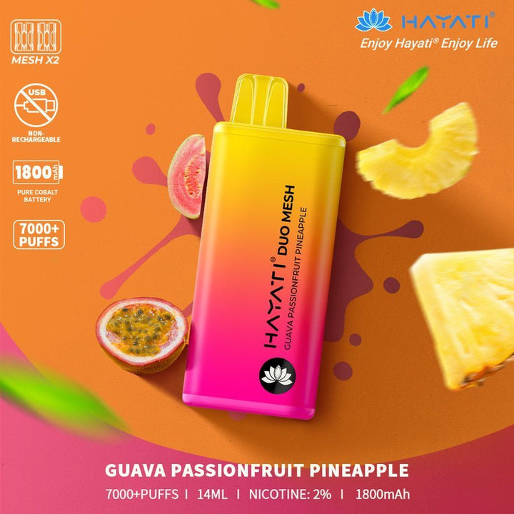 Hayati Duo Mesh 7000 Disposable Vape Puff Bar Pod Box of 10 - Guava Passionfruit Pineapple -Vapeuksupplier