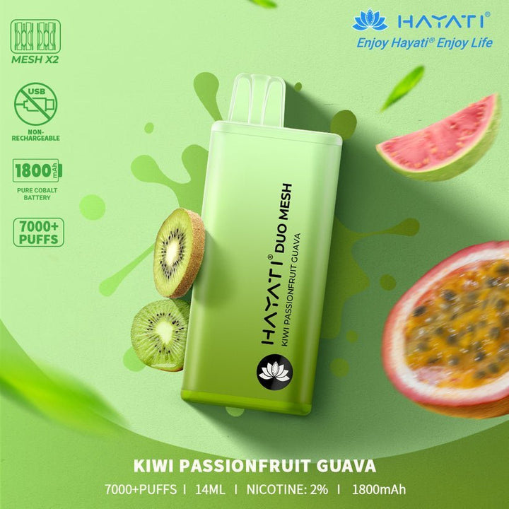 Hayati Duo Mesh 7000 Disposable Vape Puff Bar Pod Box of 10 - Kiwi Passionfruit Guava -Vapeuksupplier