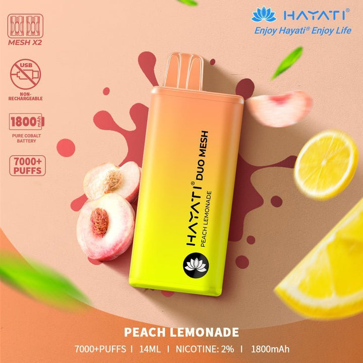 Hayati Duo Mesh 7000 Disposable Vape Puff Bar Pod Box of 10 - Peach Lemonade -Vapeuksupplier