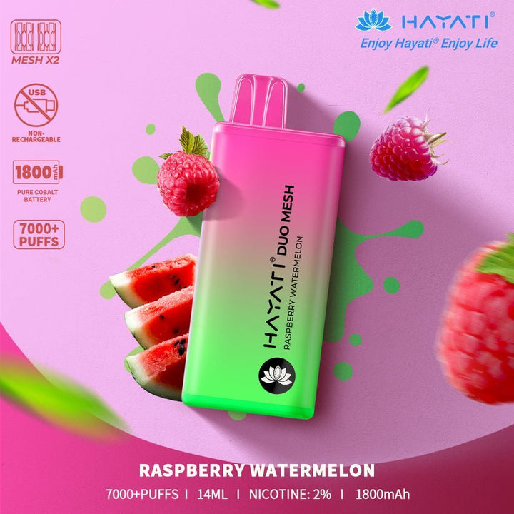 Hayati Duo Mesh 7000 Disposable Vape Puff Bar Pod Box of 10 - Raspberry Watermelon -Vapeuksupplier