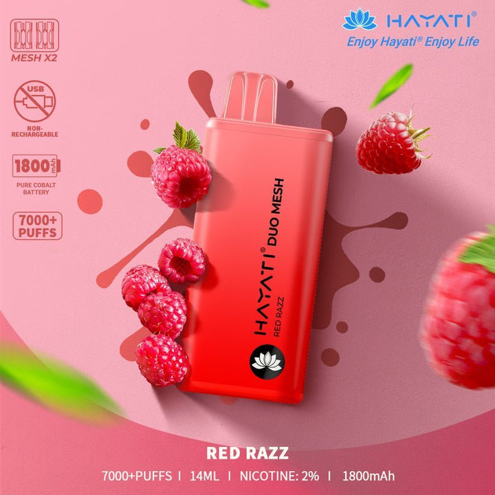 Hayati Duo Mesh 7000 Disposable Vape Puff Bar Pod Box of 10 - Red Razz -Vapeuksupplier