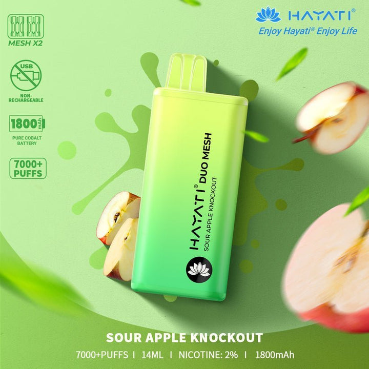 Hayati Duo Mesh 7000 Disposable Vape Puff Bar Pod Box of 10 - Sour Apple Knockout -Vapeuksupplier