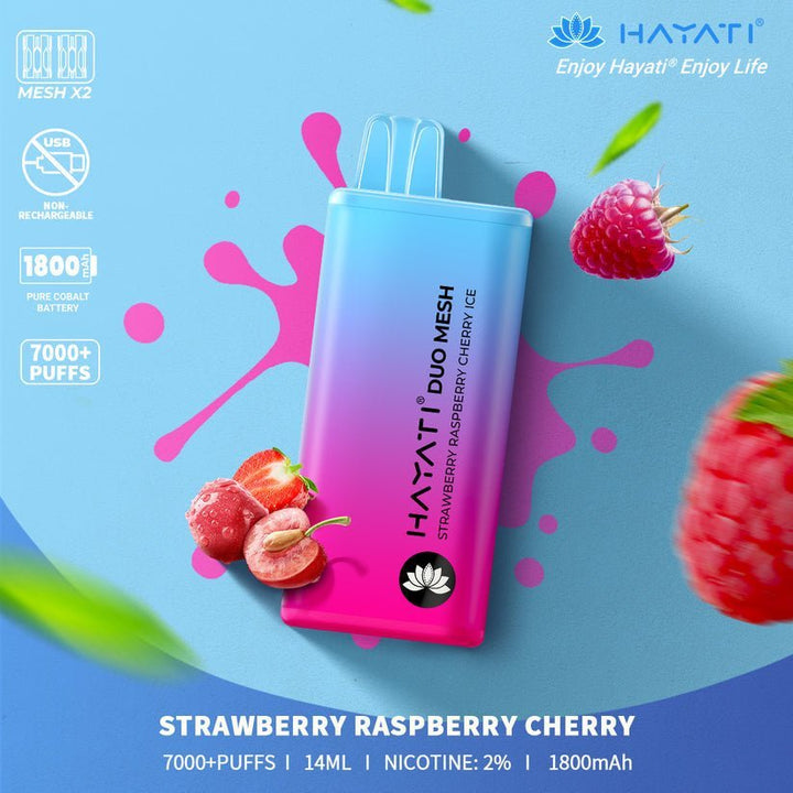 Hayati Duo Mesh 7000 Disposable Vape Puff Bar Pod Box of 10 - Strawberry Rasberry Cherry Ice -Vapeuksupplier