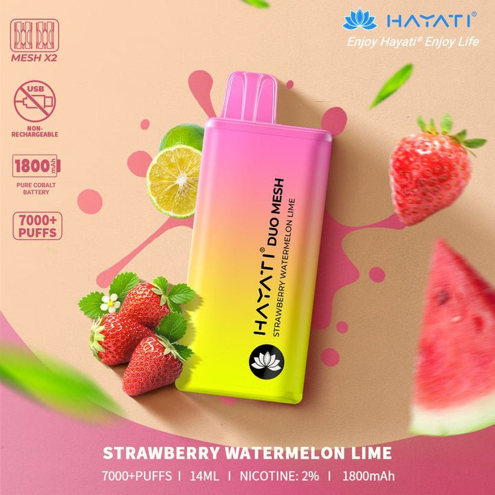 Hayati Duo Mesh 7000 Disposable Vape Puff Bar Pod Box of 10 - Strawberry Watermelon Lime -Vapeuksupplier