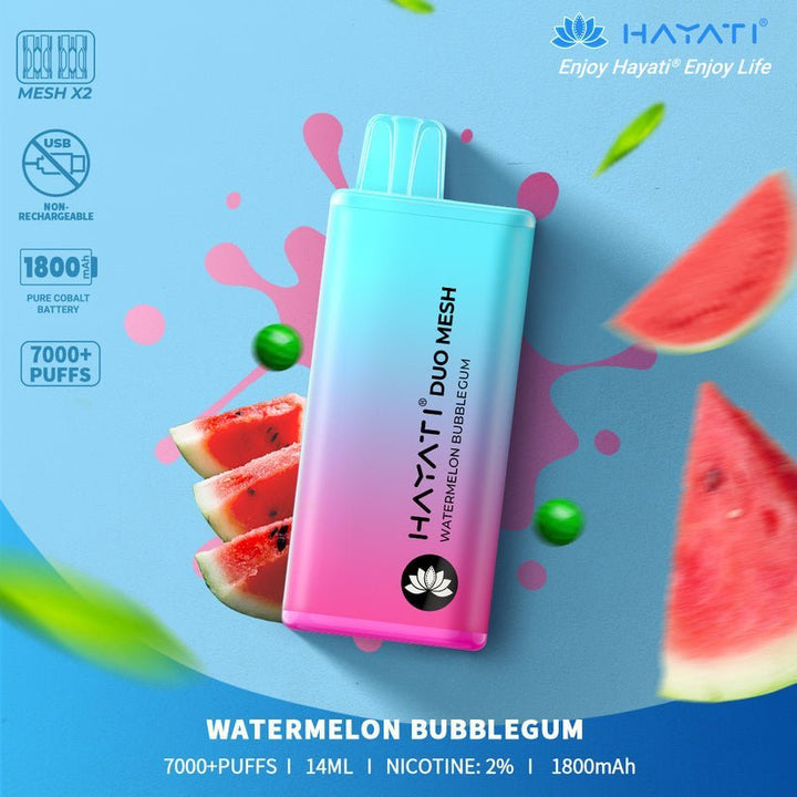 Hayati Duo Mesh 7000 Disposable Vape Puff Bar Pod Box of 10 - Watermelon Bubblegum -Vapeuksupplier